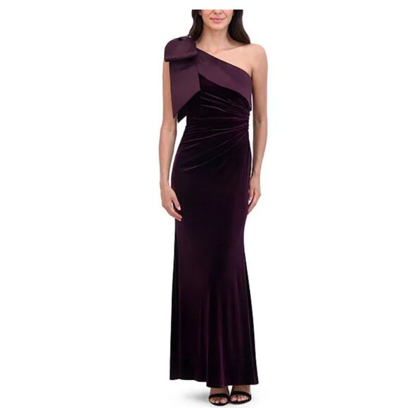 Eliza J Stretch Velvet One Shoulder Bow Neck Sleeveless Sheath Dress Sz 8